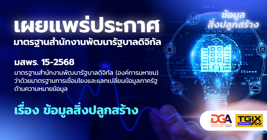 เผยแพร่ประกาศ มาตรฐานสำนักงานพัฒนารัฐบาลดิจิทัล
มสพร. 15-2568
มาตรฐานสำนักงานพัฒนารัฐบาลดิจิทัล (องค์การมหาชน)
ว่าด้วยมาตรฐานการเชื่อมโยงและแลกเปลี่ยนข้อมูลภาครัฐ
ด้านความหมายข้อมูล เรื่อง ข้อมูลสิ่งปลูกสร้าง