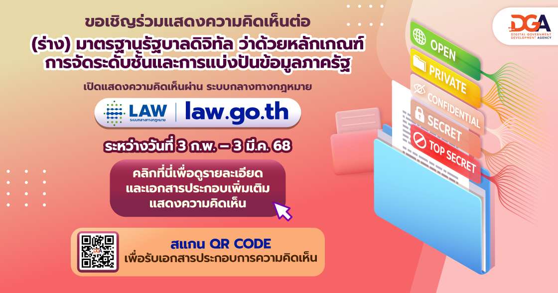 20250121 Banner งานประชาพิจารณ์ มรด. ว่าด้วยหลักเกณฑ์การจัดระดับชั้นและการแบ่งปันข้อมูลภาครัฐ 1
